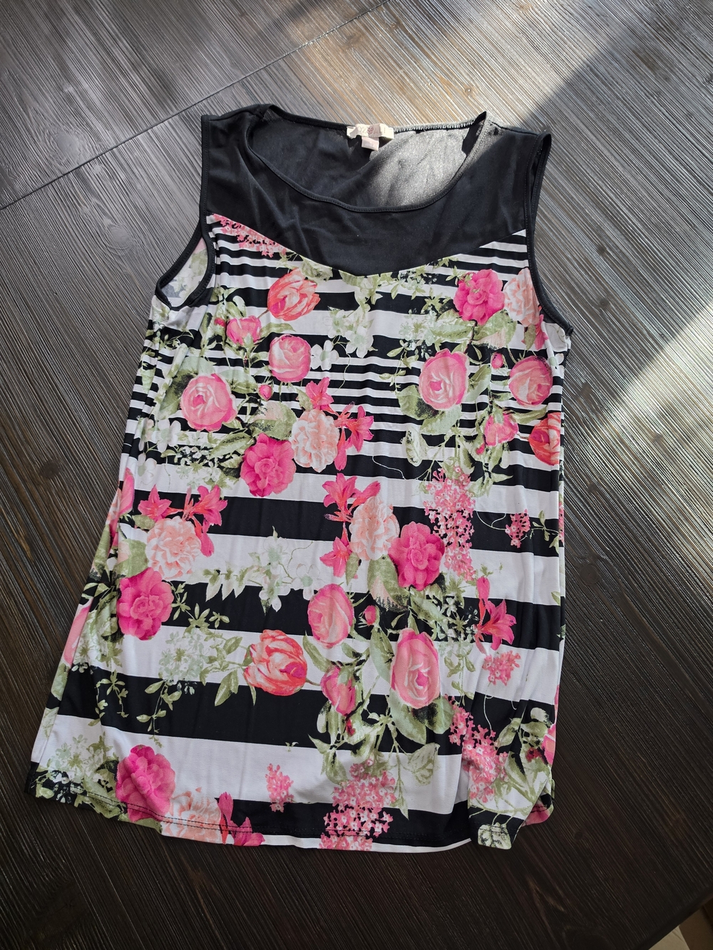 Roz & Ali Black and White Striped Tank with Pink Floral Print